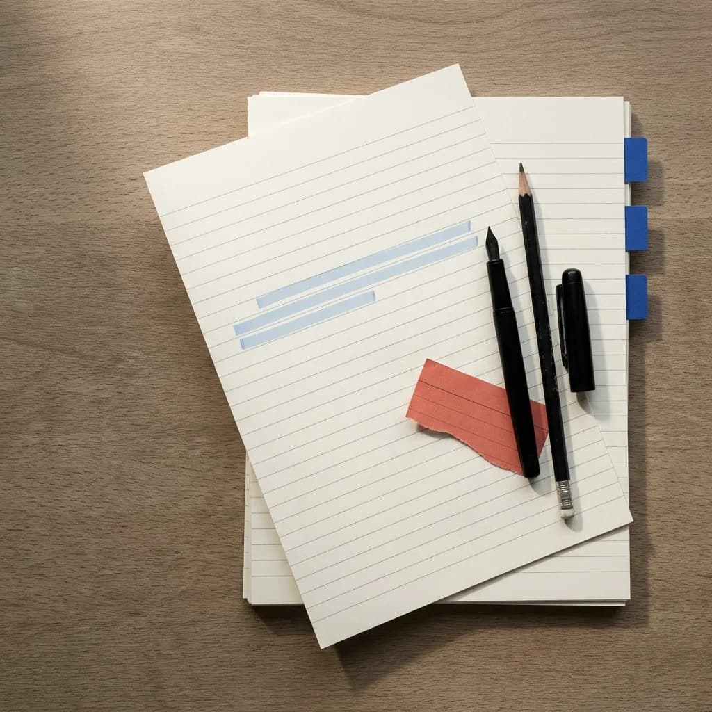 Blank ruled sheets with cobalt tabs, a pencil and a red-orange note slip on a review desk.