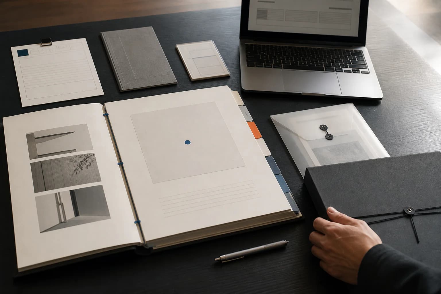 A controlled handover pack beside a laptop on a dark work surface