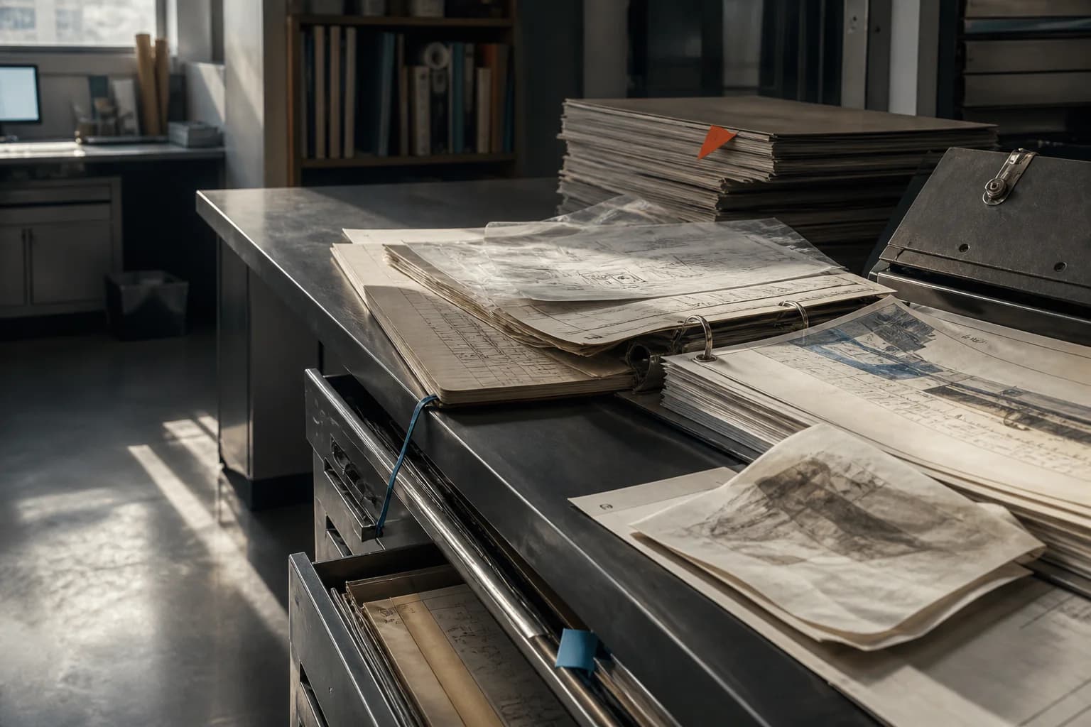 Controlled folders, drawings and records arranged on a technical workbench