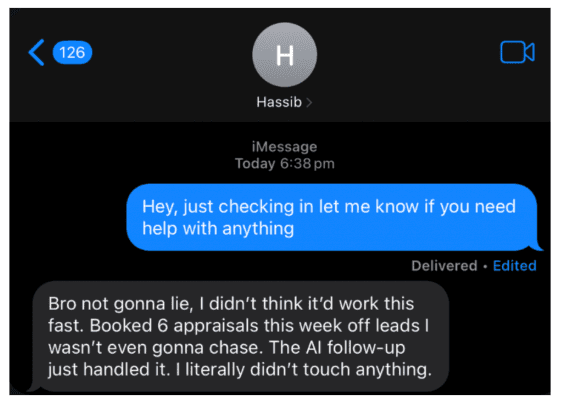Hassib via iMessage — AI follow-up booked 6 appraisals