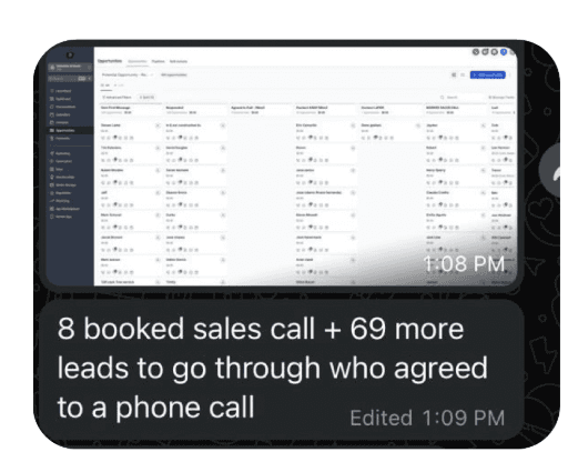 CRM dashboard — 8 booked sales calls, 69 leads from sequence