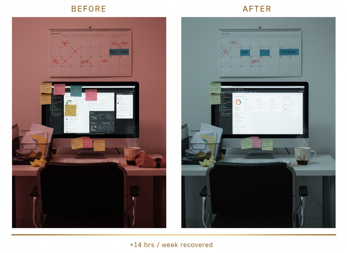 Before and after — same desk, two timestamps. +14 hrs/week recovered.