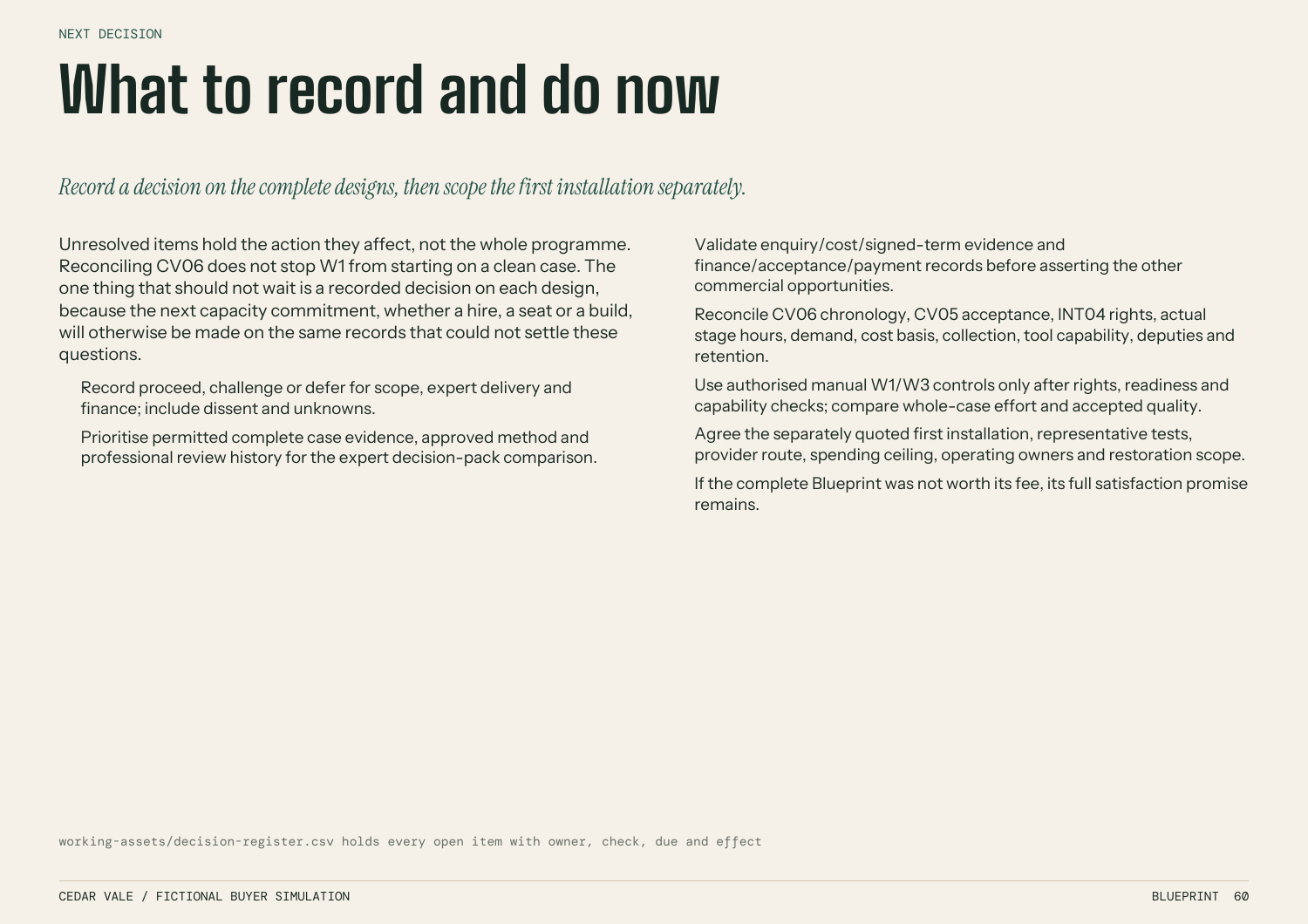 Next-decision page from the fictional Blueprint